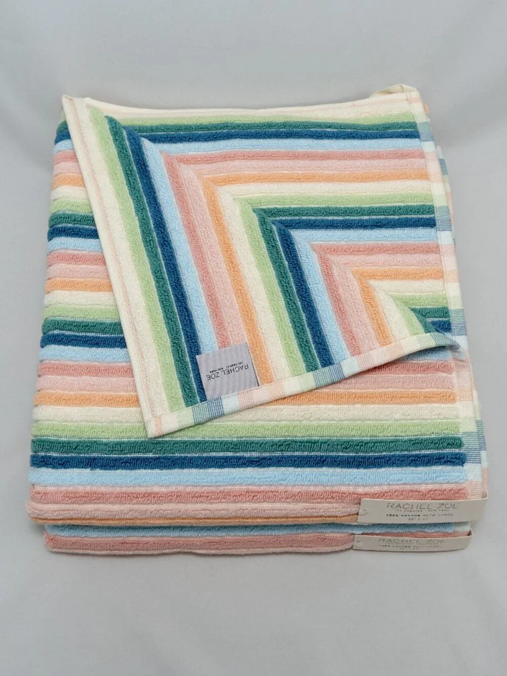 NWT Rachel Zoe Cotton Bath Towels Set of 2 Retro Pastel Striped Ribbed Coastal